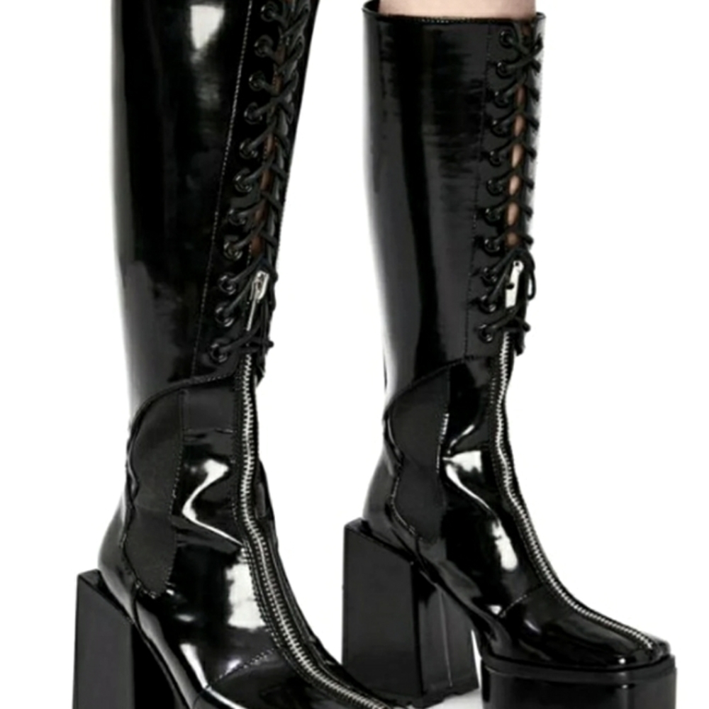 Main Character Black Patent Platform Knee High Zip Lace Up Block Heel Boots